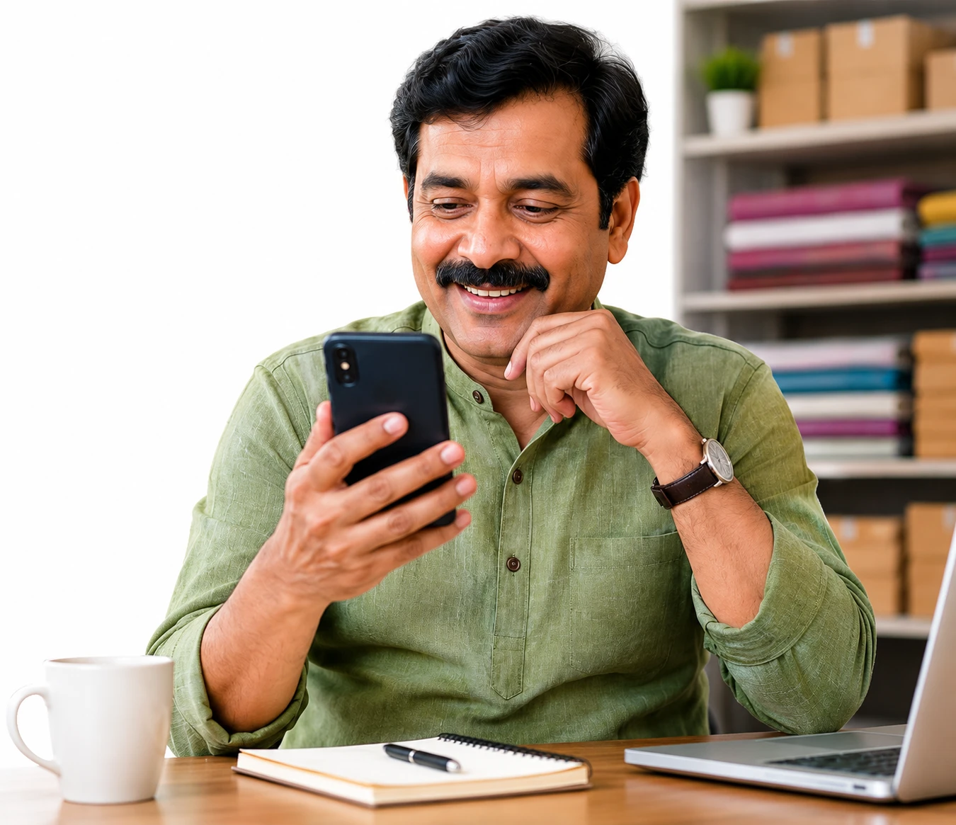 Happy business owner checking updates on his phone