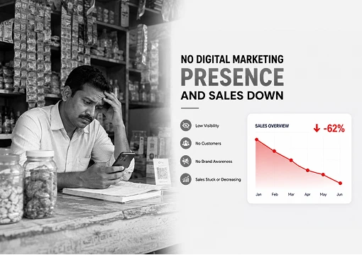 Comparison graphic: a business without digital marketing, low visibility