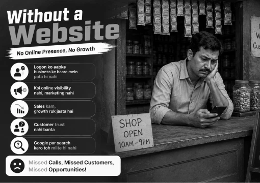 Comparison graphic: a shop without a website, missing calls and customers