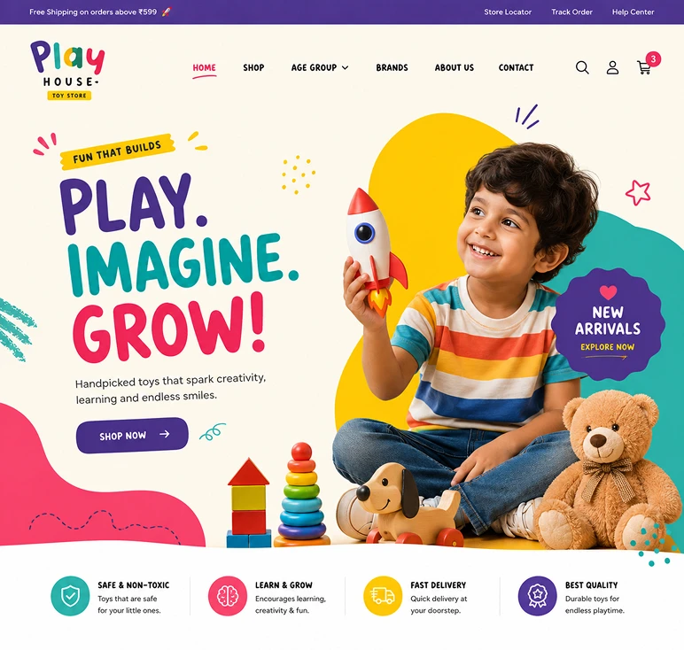 Mochi and Oak kids toy store website with playful product cards